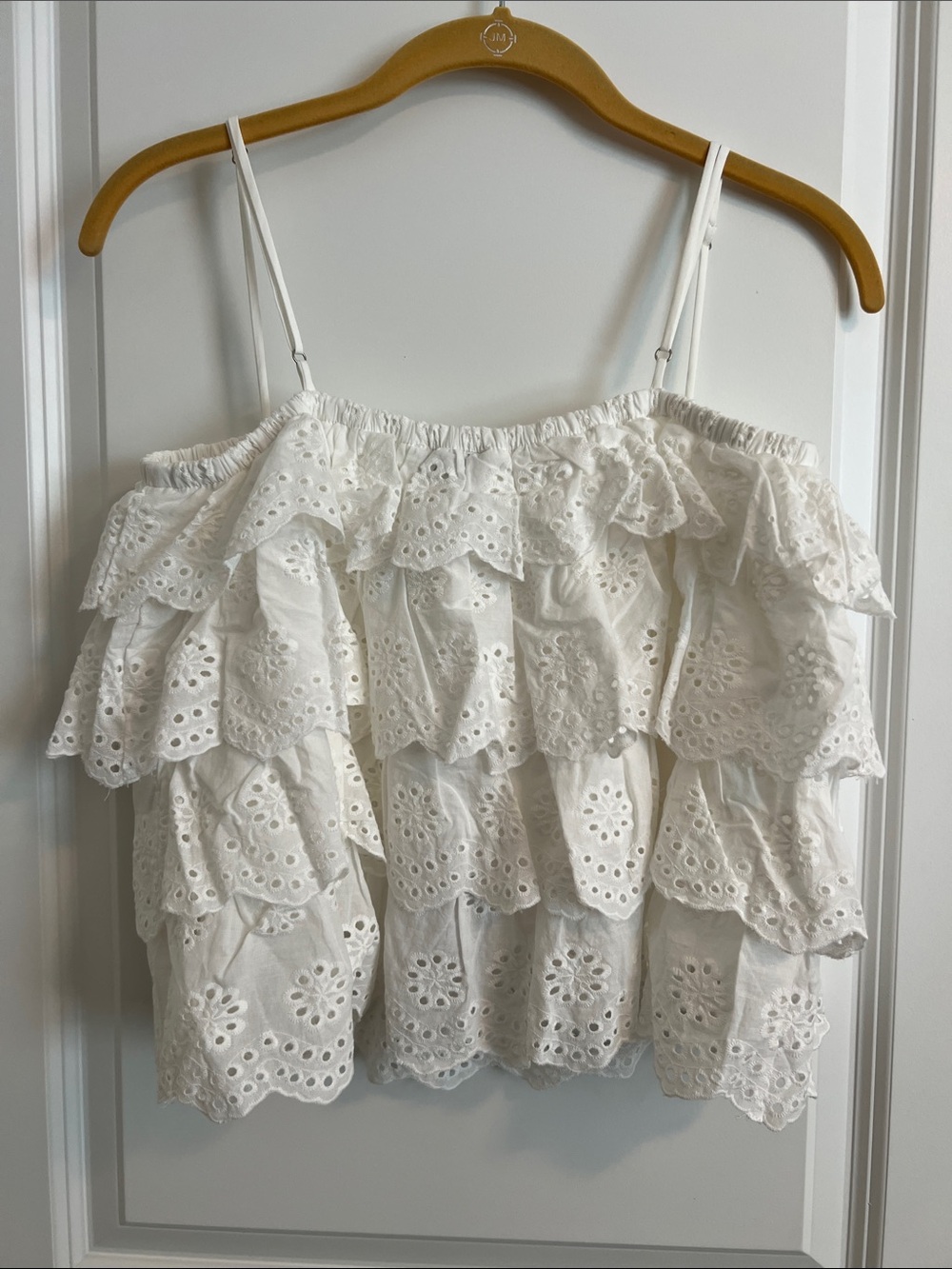 Gilli White Eyelet Ruffle Cold Shoulder Top Size Large Boho Cottagecore - Picture 2 of 3